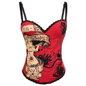 

Sexy Lingerie Burlesque Corselet Gothic Red Cotton Rhinestone Chain Women Steampunk Print Strap Overbust Corset Camisole