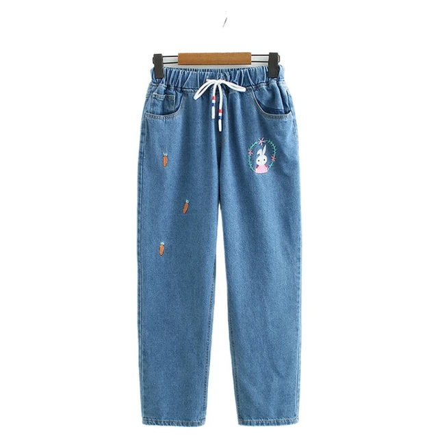 Blue Cartoon Rabbit Embroidery Denim Women Pants Casual Mid Waist Pockets Straight Jeans Summer Sweet Style Female Trousers
