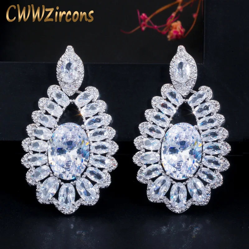 

CWWZircons Sparkling Oval CZ White Crystal Silver Big Dangle Drop Earrings for Women Evening Dinner Party Jewelry CZ638