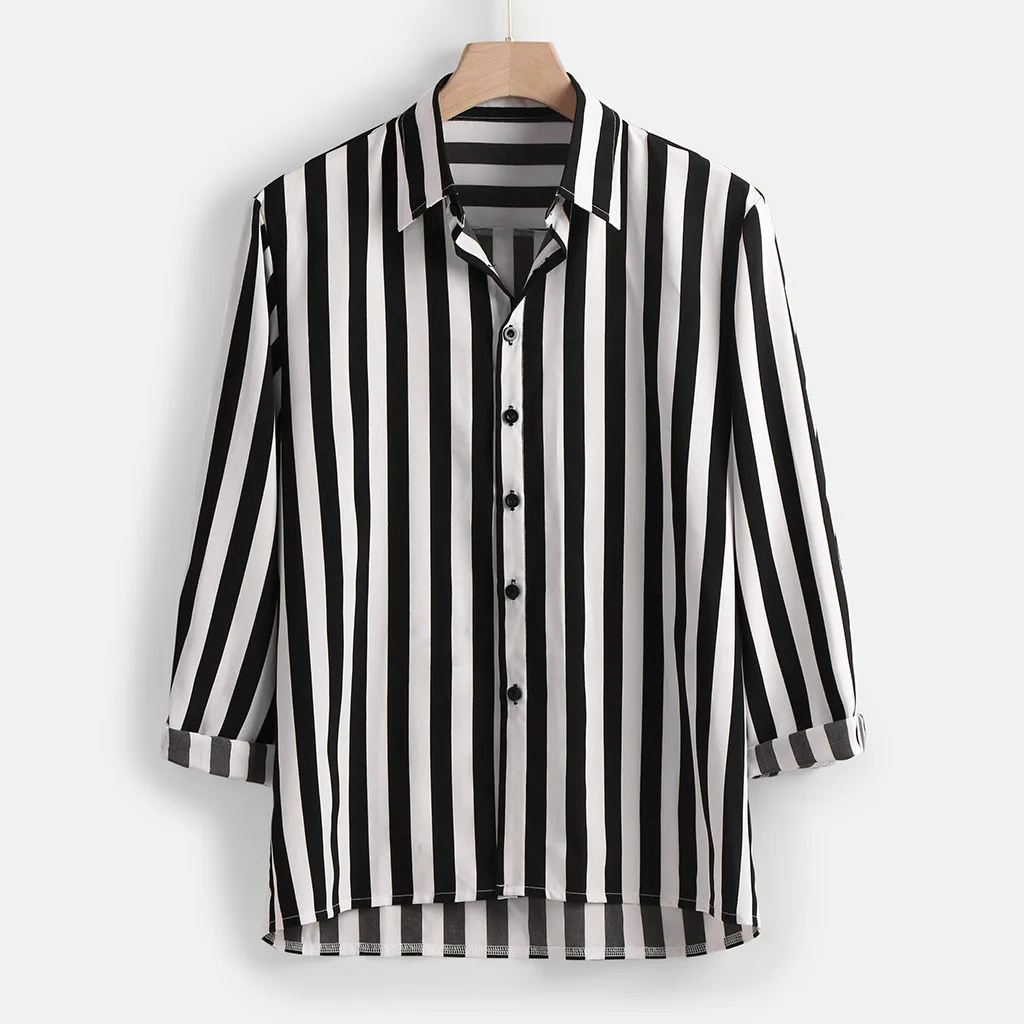 Men Fashio Vertical Striped Slim Fit Long Sleeve Casual Button Down Dress Shirts M0906