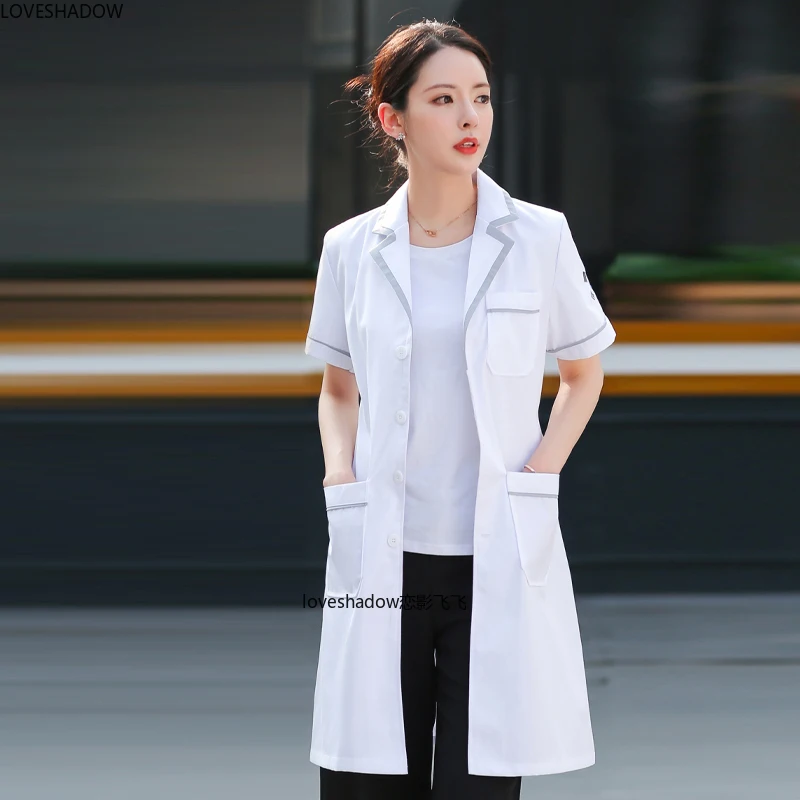 

Women's Lab Coat Short Sleeve Jacket Color Blocking Uniforms Long Sleeve White Coat