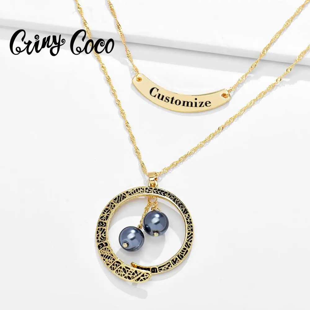

Cring Coco Fashion Custom Name Necklaces Layered Black Pearl Pendants Necklace for Women Friends Personalized Jewelry With Box
