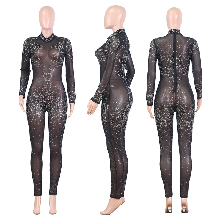 12AF016 cheap price hot drilling rhinestone mesh see through club wear sexy jumpsuits High Fashion Women Clothing