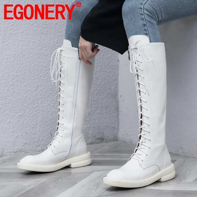 

EGONERY women shoes winter new concise genuine leather knee high boots outside comfortable cross-tied zip shoes drop shipping