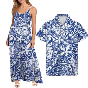 Hycool Women Sleeveless Maxi Beach Slip Dress 2021 Polynesian Print Summer Casual Backless Dresses Match Mens Button Down Shirts