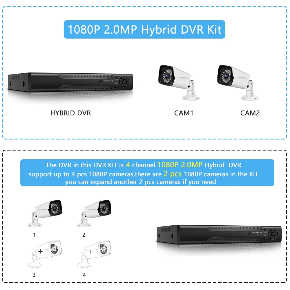 CVI TVI NVR HVR AHD 5-в-1 DVR 4CH CCTV Регистраторы+ 2 шт. видео, для наблюдения, безопасности, Камера видеонаблюдения Системы набор на открытом воздухе