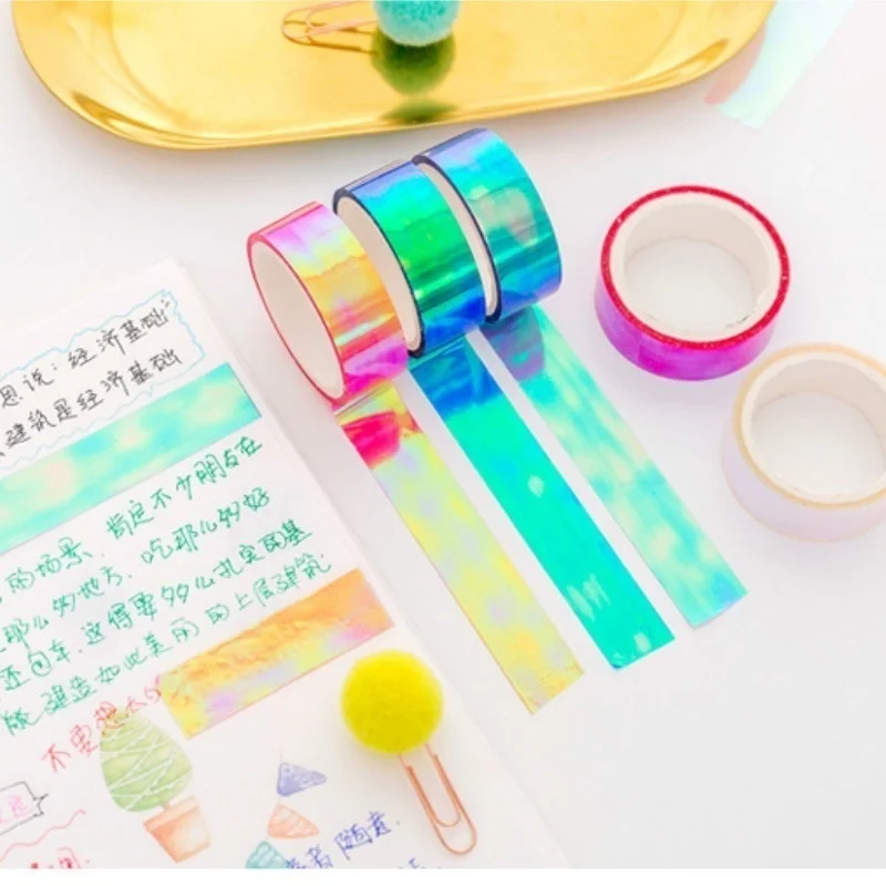 Cinta adhesiva decorativa con láser de arco iris, pegatina brillante colorido artesanal para álbum de recortes, cinta decorativa hecha a mano