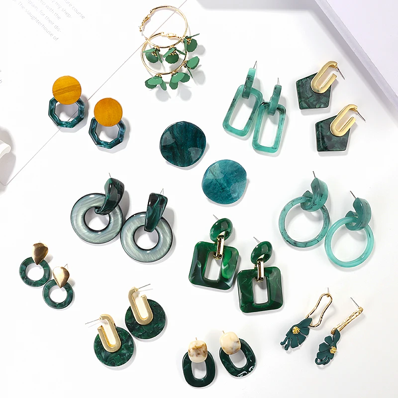 

AENSOA Hot Sell Acrylic Green Series Geometric Drop Earrings For Women Round Square Long Statement Drop Earrings Fashion Jewelry