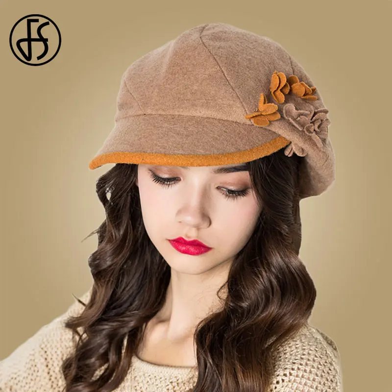 FS Зимний цветочный шерстяной берет Женская французская Шапка синяя оранжевая Дамская газетная Кепка шапки твид Гэтсби береты