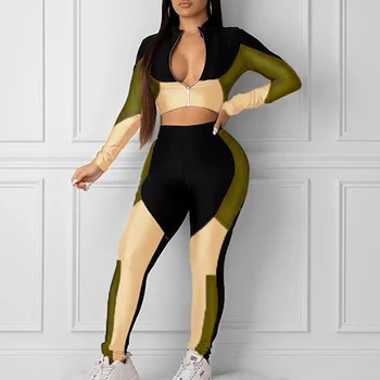 

Zipper Long Sleeve Two Piece Sets Hit Color Patchwork Crop Top With Pencil Pants Plus Size Casual Women Clothes Sexy Club Outfit
