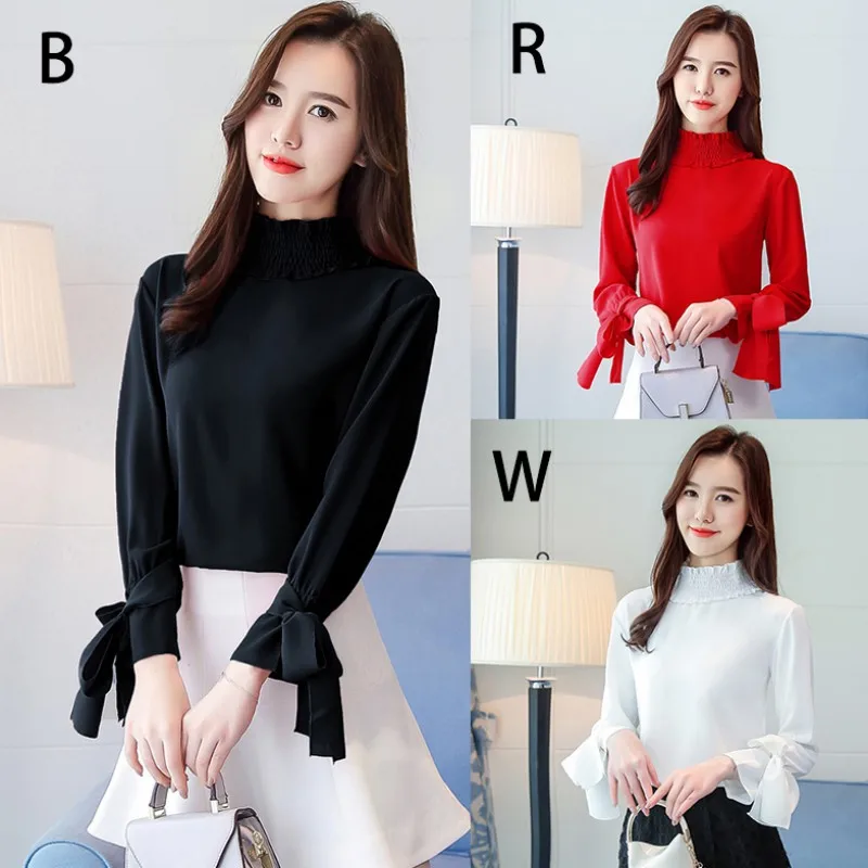 

Fashion Womens Tops Office Lady Solid Color Autumn Blouses Chiffon Shirt Long Sleeve White Red Black Clothes