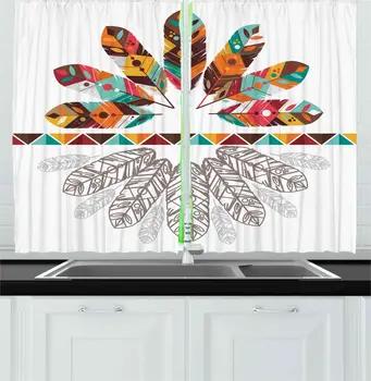 

Multicolor Tribal Kitchen Curtains Colorful Historical Aztec Feathers Boho Folk Abstract Design for Kitchen Cafe Decor