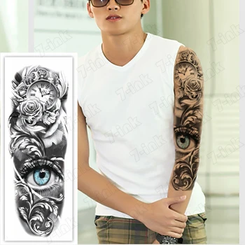 

Temporary full-arm tattoo sticker clock eye rose flower animal warrior arm Waterproof fake tattoo 480*170mm for Men Women