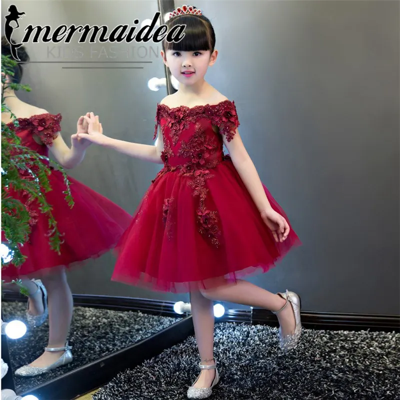 

New High Quality Girls Luxury Embroidery Princess Lace Dress Luxury Elegant Girls Shoulderless Birthday Wedding Party Dress Gift
