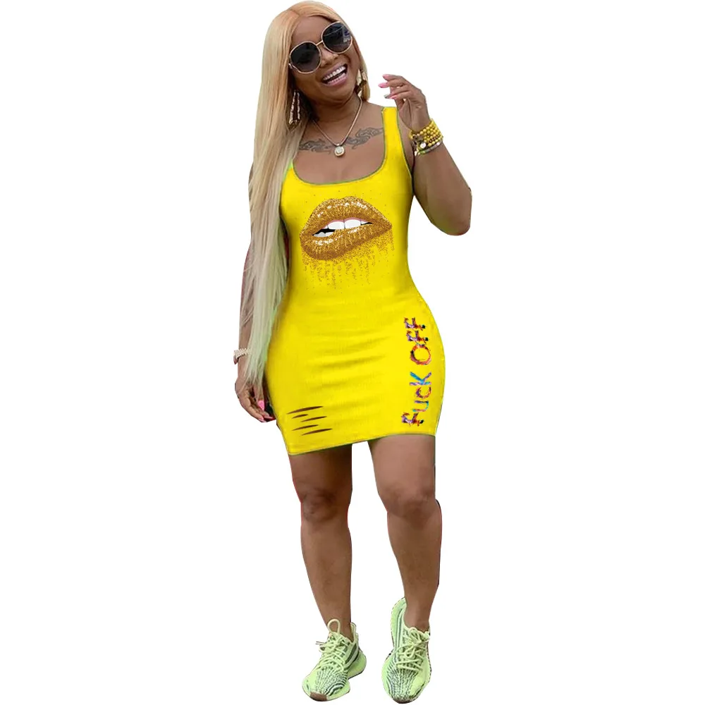 

2020 Summer Women's Dress European and American Hot Style Model Sexy Lip Print Tank Top Solid-color Casual Fashion Clothes