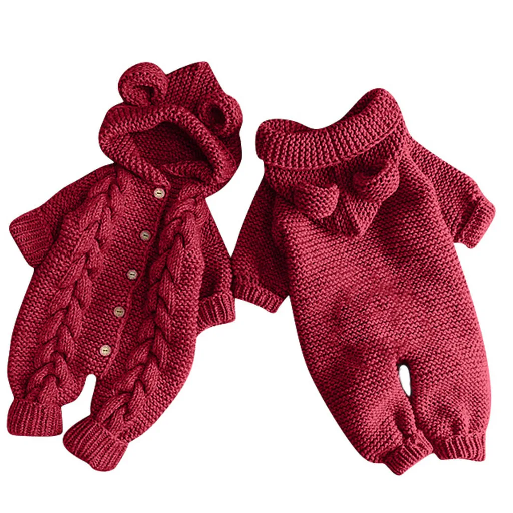 Зимнее теплое пальто для новорожденных девочек и мальчиков; вязаная верхняя одежда; комбинезон с капюшоном; качественный Рождественский трикотажный комбинезон с длинными рукавами для малышей