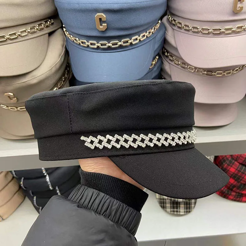 

202309-2508076 spring Rhinestone metal chain leisure newsboy lady Octagonal hat women visors cap