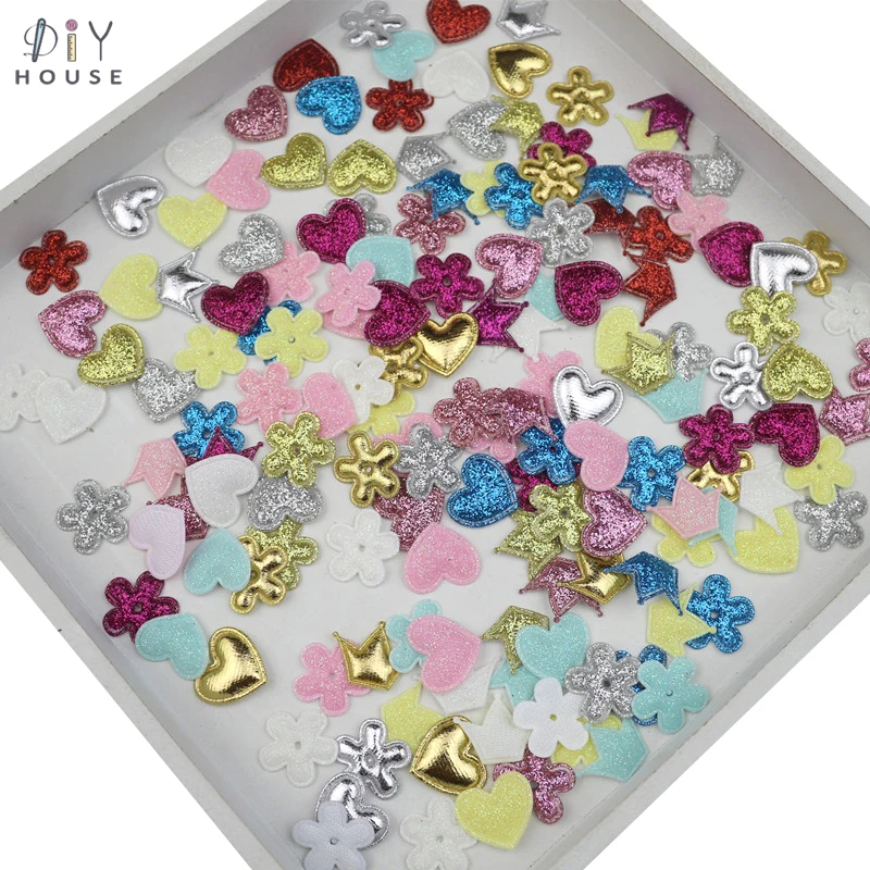

100Pcs Glitter Flowers/Hearts/Crowns Patches Appliqued DIY Craft Sewing Accessories Headwear Ornament Material Padded Embossing