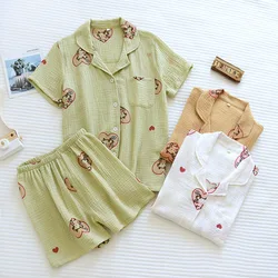 Japanese Summer New Style Ladies Pajamas Short-sleeved + Shorts 100% Cotton Crepe Two-piece Loose Cute Cartoon Home Service Set