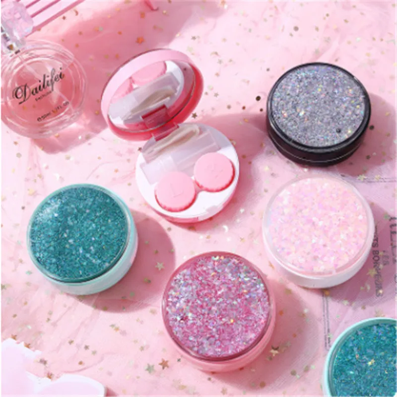 

New Fashion Quicksand Girl Style Simple Myopia Contact Lens Case Portable Double Box Clip Suction Rod Care Box Cute Shinning Box