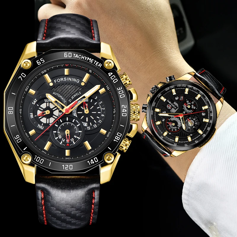 

FORSINING Skeleton Mechanical Men Watch Date Week Display Men's Watches Fashion Luminous Waterproof Sport Men's Wrist Watch