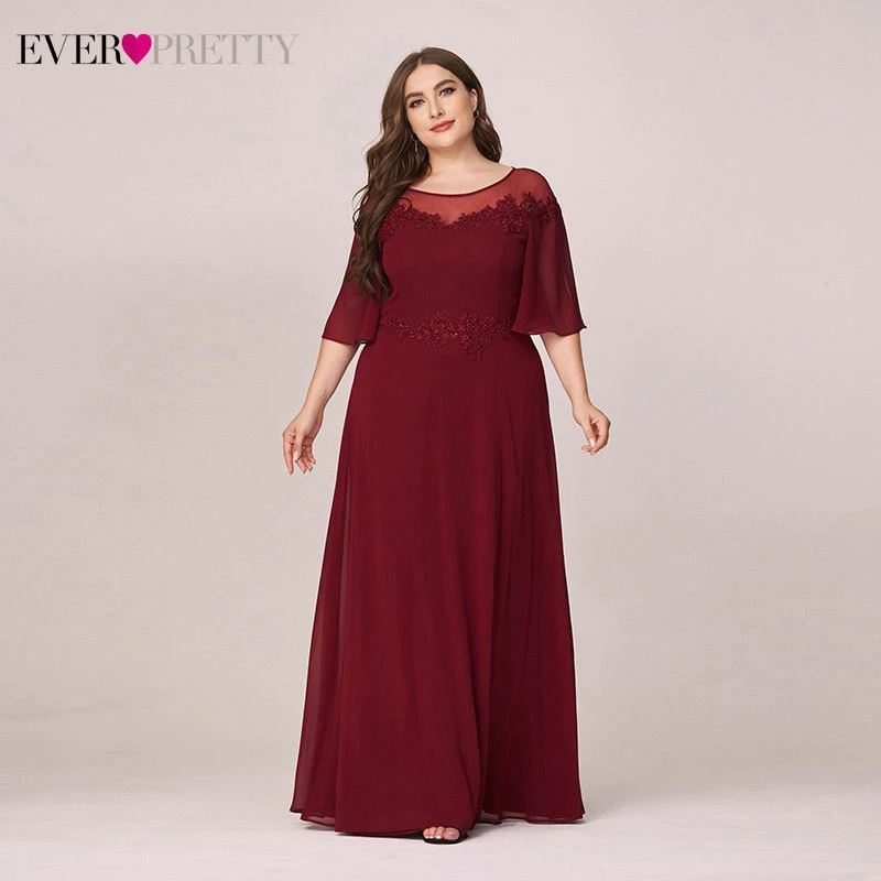 

Plus Size Burgundy Evening Dresses Ever Pretty A-Line Appliques O-Neck Short Sleeve Chiffon Formal Party Gowns Vestidos 2020