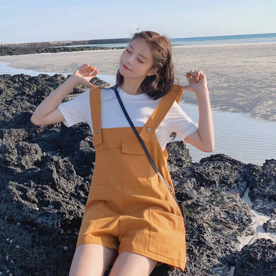 

Photo Shoot CHIC Vigorous Orange BF Laziness Loose-Fit College Style Large Pocket by Age Wide-Leg Suspender Strap Jumpsuit Women