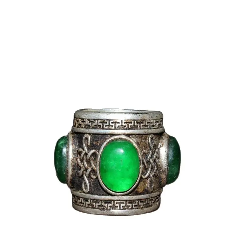 

China Old Tibetan Folk Silver Inlaid With Greenstone Jade Finger Ring