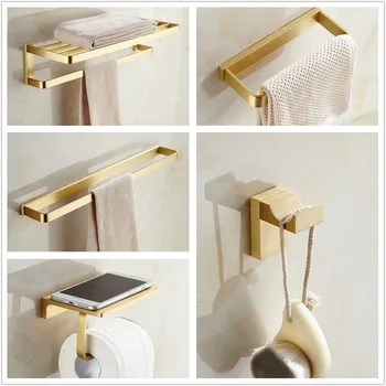 

Solid Brass Bathroom Rack Towel Hook Towel Bars North European Brushed Gold Storage Shelves Paper Holder Free Shipping