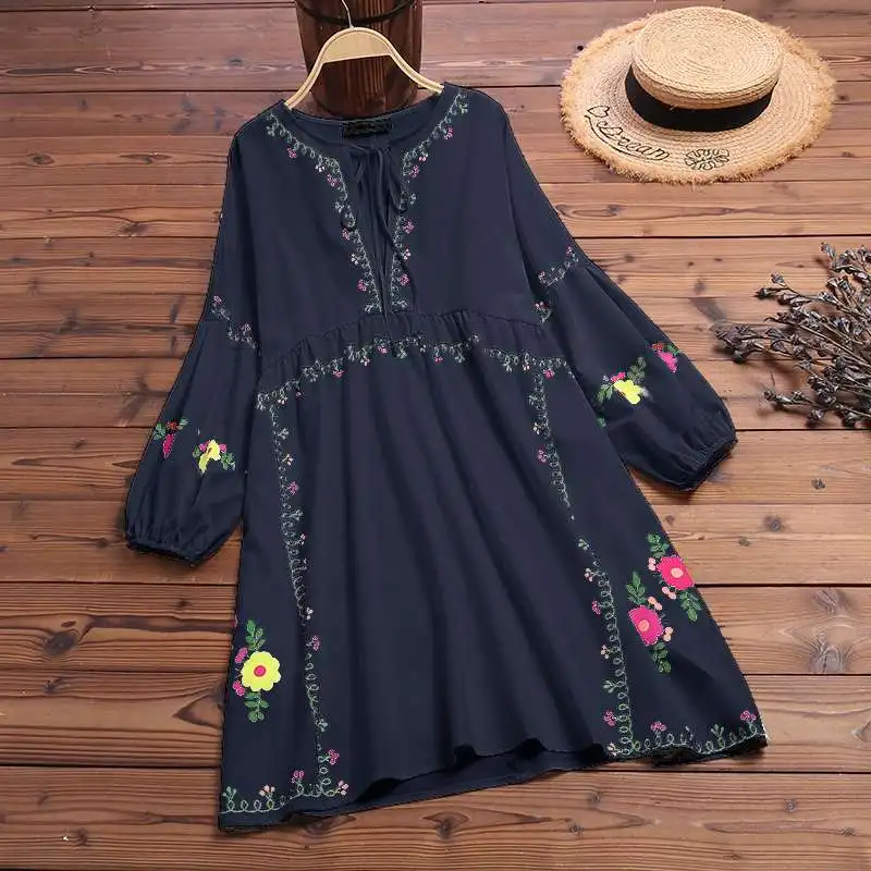 Женская летняя блузка с принтом ZANZEA богемные Vestidos Повседневная рубашка с длинными рукавами с пышными рукавами Blusa женский халат большого размера с v-образным вырезом
