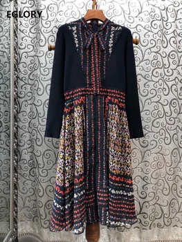 

Bow Tie Elegant Dress 2019 Autumn Winter Style Women Vintage Flower Print Patchwork Long Sleeve Mid-Calf Length Knitted Dress