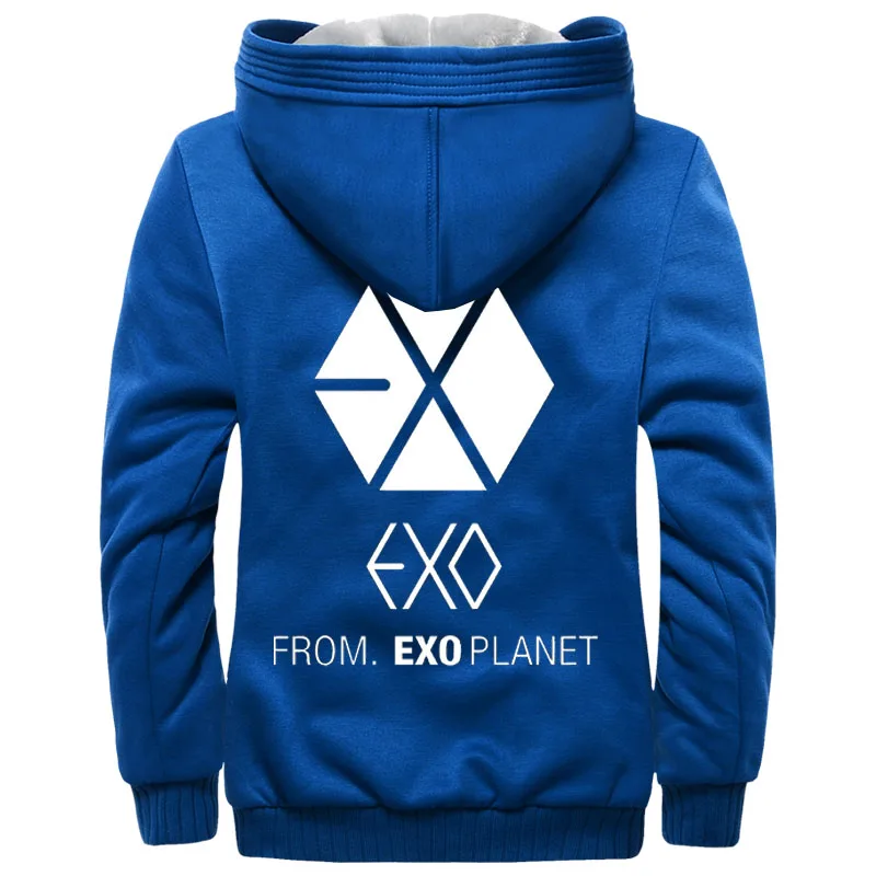 Мужские Фланелевые пальто EXO на молнии с капюшоном, зимние теплые хлопковые стеганые куртки EXO Planet, повседневные толстовки - Цвет: Blue04
