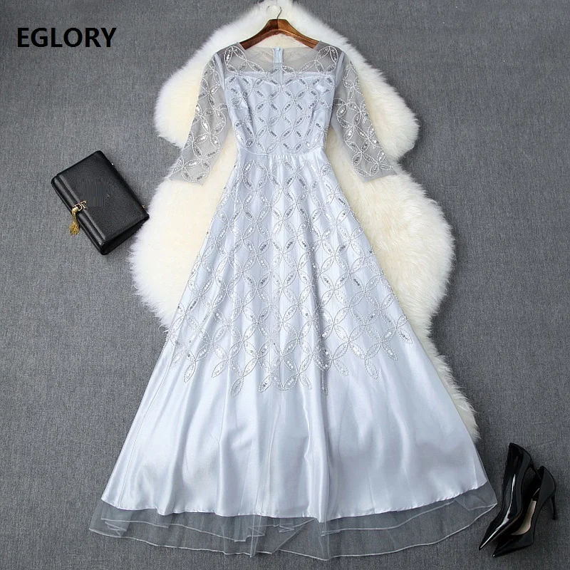 

Blue Pink Long Dress 2019 Autumn Fashion Wedding Party Ladies Sexy Sheer Mesh Patchwork 3/4 Sleeve Ankle Long Maxi Dress Sequin