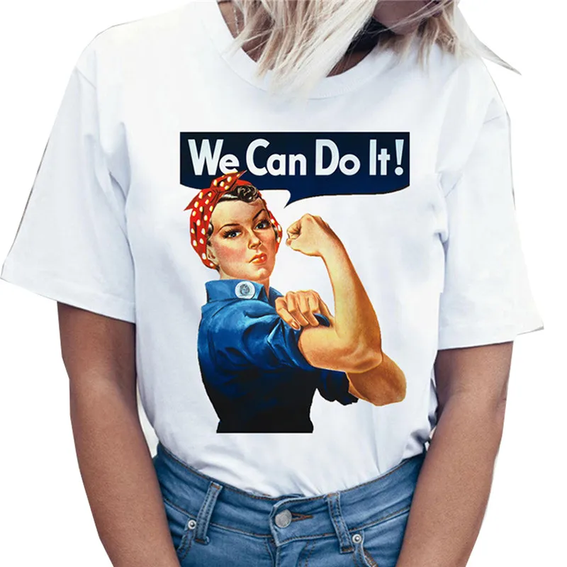 Белый We Can Do It Letter Print T shirt Women Cute Graphic Tshirts O-neck Short Sleeve Harajuku T-shirt Ladies Vogue Korean Style Tops - Цвет: Белый