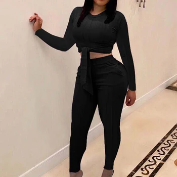 

Long Sleeve 2019 Autumn 3 Colors 2 Piece Sets Plus Size O Neck Bandage Crop Top Pants Women Casual Knitted Solid Club Outfits