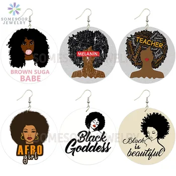 

SOMESOOR Both Sides Printing Beautiful Afro Girl Suga Babe African Wooden Drop Earrings Black Goddess Melanin Jewelry For Women