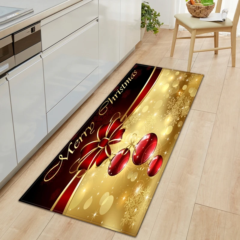 

Kitchen Entrance Doormat Golden Red Carpet Anti-Slip Floor Area Rug Present Box Ribbon Snowman Print Christmas Day Decoration
