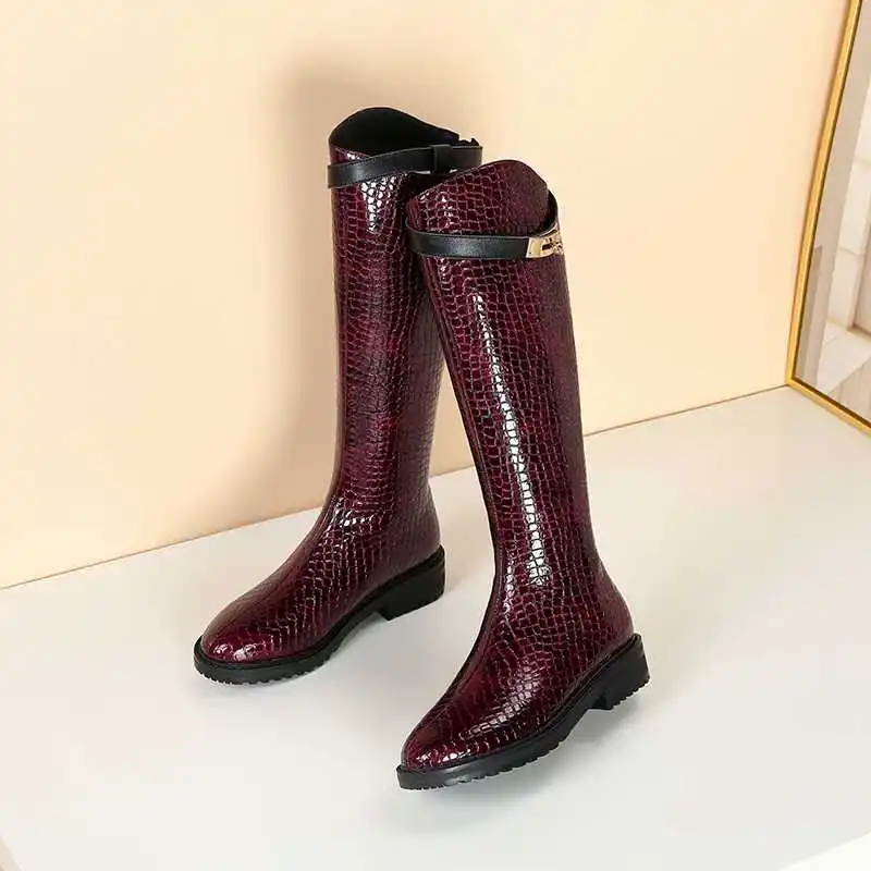 Luxury brand new winter thigh high boots women riding boots stone pattern metal buckle keep warm knight boots zapatos de mujer