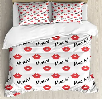 

Kiss Duvet Cover Set Red Woman Lips Kiss Marks Pattern Romance Feminine Graphic Sweet Valentines Day Bedding Set Vermilion White