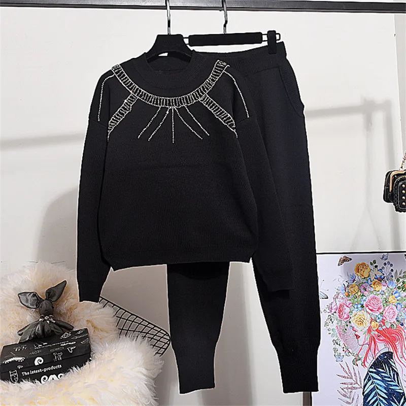 

Autumn Knitted Set Female Beading Long sleeve Sweater + Casual Pants 2 Piece Set Women Knit Pullover Tops Trousers Outfits Suit