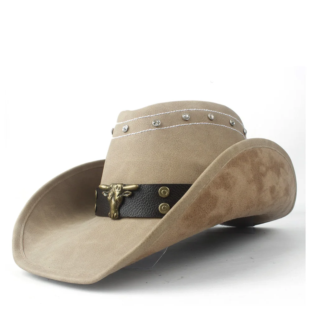 Fashion Men Western Cowboy Hat With Punk Leather Bull Band For