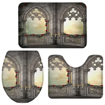 

Classical Door Stone Flower Illustration Palace Bath Set Toilet Cover Mat Pedestal Rug Non-Slip Bathroom Rug Set