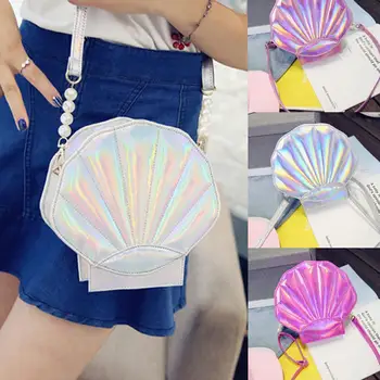 

Fashion Women Faux Pearl Shell Shape Crossbody Shoulder Bag Holographic Purse Holographic Zipper Closure Solid Color Women' Bag