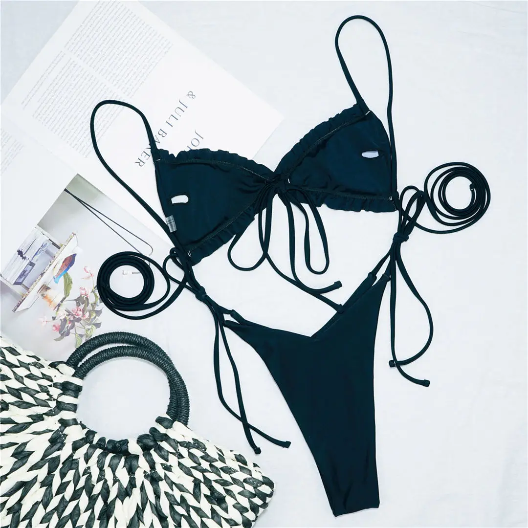 3 Colors Sexy Ruffled Frilled Bikini Women Swimwear Female Swimsuit Two-pieces Bikini set Lace Up Bather Bathing Suit Swim V2420
