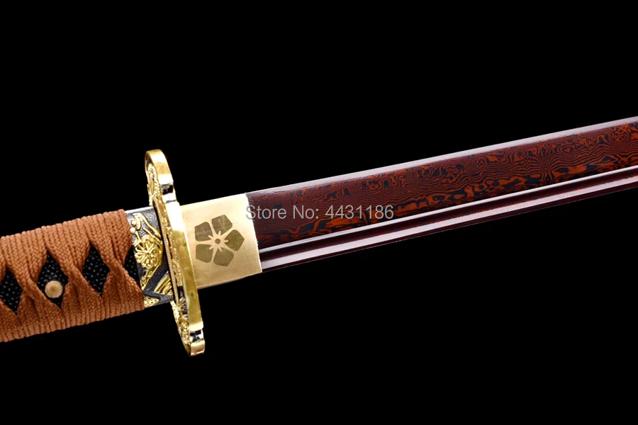 Handmade Samurai Straight Knife Saber Red Damascus Folded Steel Blade Sharp Japanese Ninja Dao Sword Katana