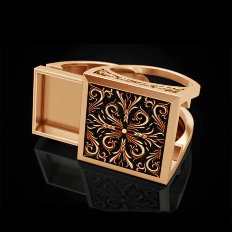

Hip Hop Retro Style Men's Fashion Compartment Hollow Flower Ring Anniversary Gift Wedding Engagement Band Jewelry Ring Size 6-13