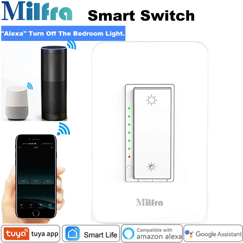 

Milfra Dimming Switch Neutral Wire Required Wifi Smart Light Switch US Wall Switch for Google Assistant Alexa Tuya Smart Life