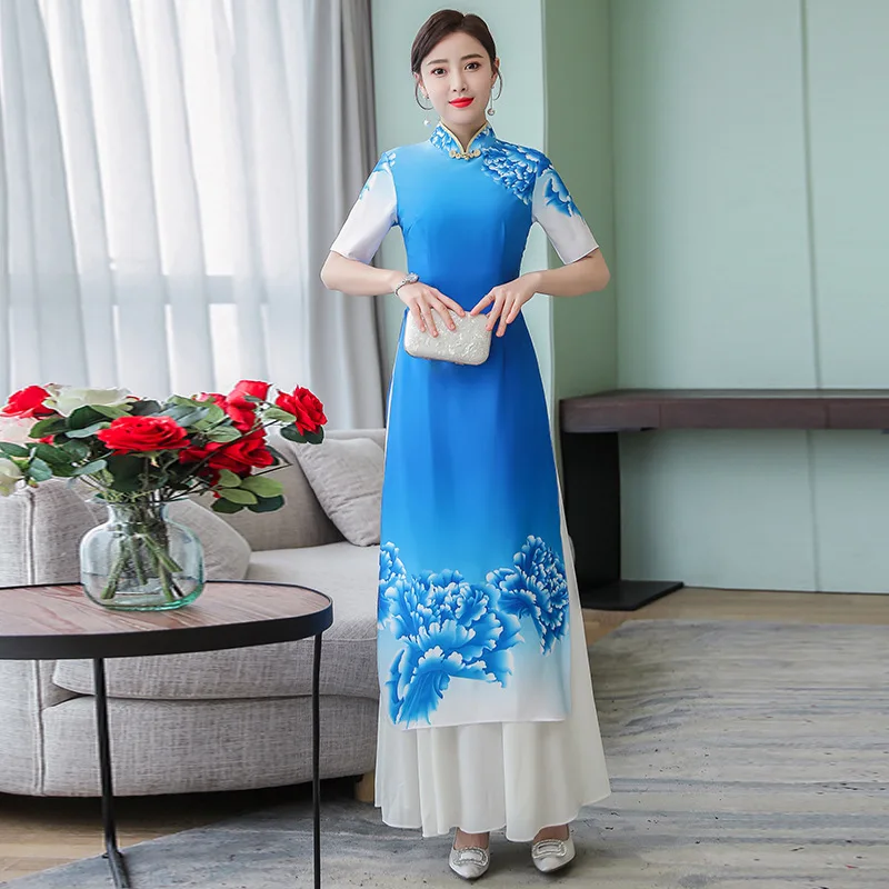 Новая традиционная вьетнамская одежда аозай Вьетнам Cheongsam китайский стиль длинный Ципао вечернее вечерние свадебные платья - Цвет: Blue