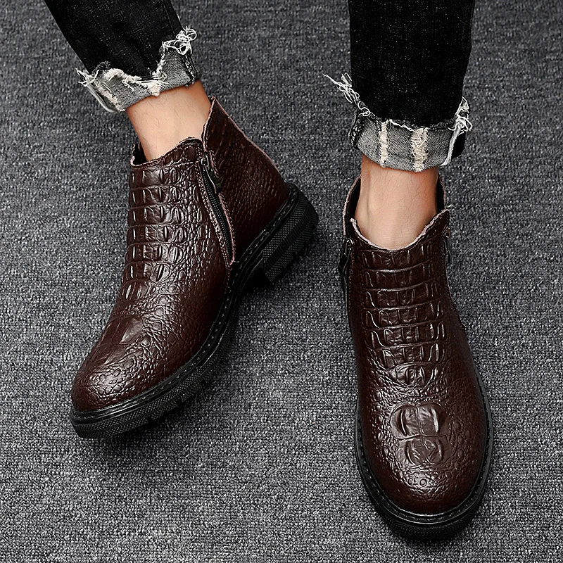 High Quality Leather Business Men's Boots Autumn Winter Warm Fur Snow Boots Crocodile Pattern Men Ankle Boots Men's Shoes