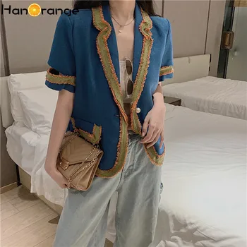 

Rough Edge Spliced Women Short Sleeve Blazer 2020 Spring Summer Single Pearl Button Suit Jacket